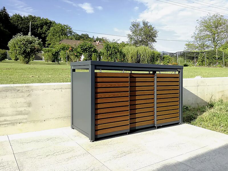 Müllbehälter-Dreifachschrank STYELOUT® LINIS mit Pflanzdach, Aluminiumkonstruktion in RAL 7016 anthrazitgrau, Schiebetüren in Holzdekor Kirschbaum dunkel