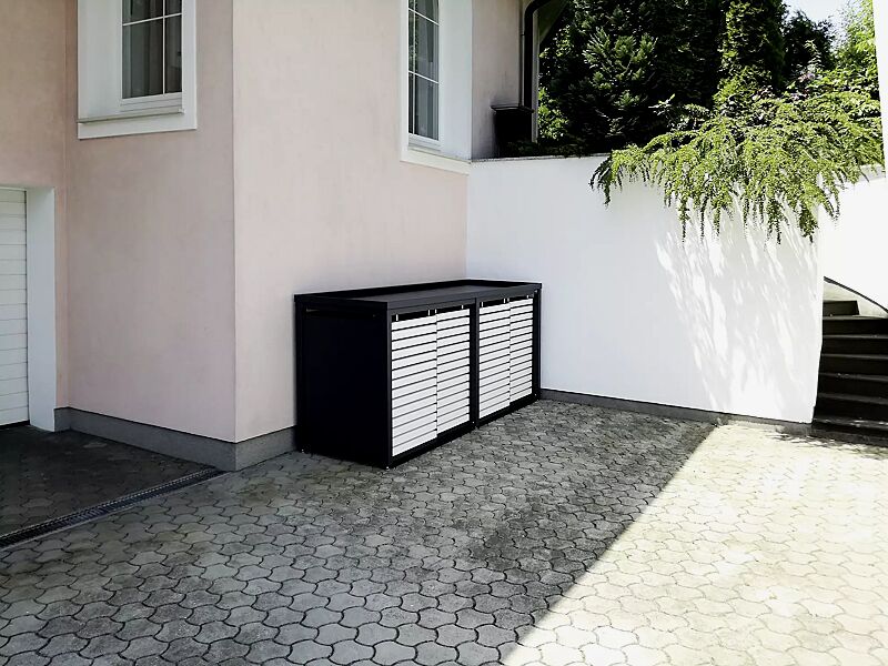 Müllbehälter-Vierfachschrank STYLEOUT® LINIS mit Pflanzdach, Aluminiumkonstruktion in RAL 7016 anthrazitgrau, Schiebetüren in RAL 9003 signalweiß