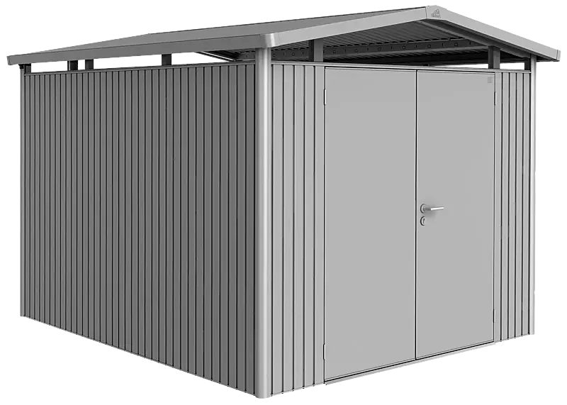 Gerätehaus PANORAMA®, Modell 5 in silber-metallic, mit Doppelflügeltür