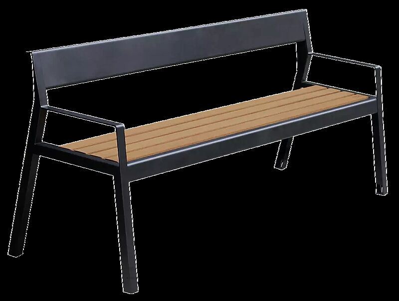 Sitzbank CASTEO mit Rückenlehne und Armlehnen, mit Hartholzbelattung, Stahlteile in RAL 9005 tiefschwarz