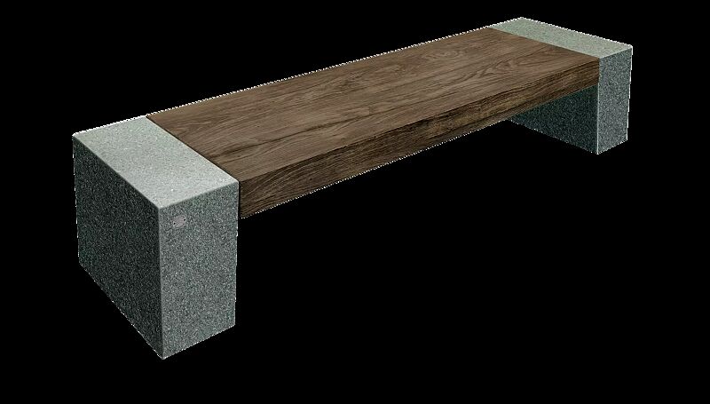 Sitzbank ERACLEA GRES ohne Rückenlehne, aus rekonstituiertem Marmor, in grün alpi, mit Feinsteinzeug-Auflage in Holzoptik dunkel