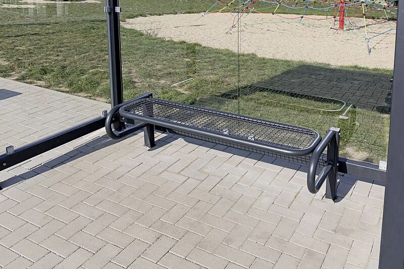 Sitzbank SESTO ohne Rückenlehne, Sitzfläche aus Drahtgitter, mit 2 Stützen, zum Einbetonieren, in RAL 7021 schwarzgrau