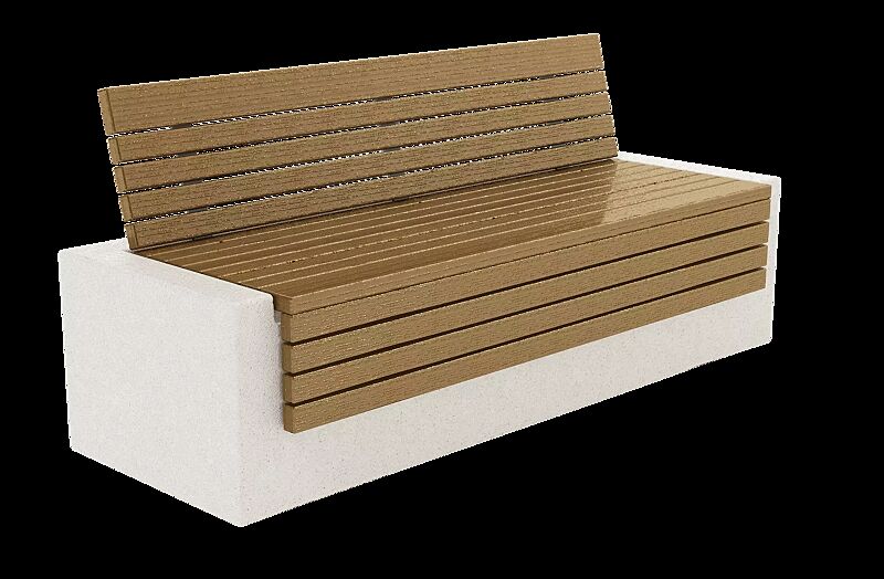 Sitzbank DEMETRA mit Rückenlehne, aus Beton, mit umlaufender Okouméholzbelattung, in Granitoptik weiß