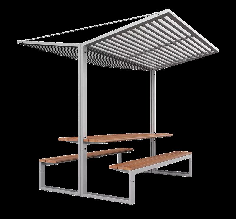 Freizeitüberdachung CISON, Lamellendach aus Stahl, Dachbreite x Dachtiefe 2100 mm x 2491 mm, mit integriertem Tisch und Sitzbank, Stahlkonstruktion in RAL 9006 weißaluminiumFreizeitüberdachung CISON, Dachbreite x Dachtiefe 2100 mm x 2491 mm, mit integr...