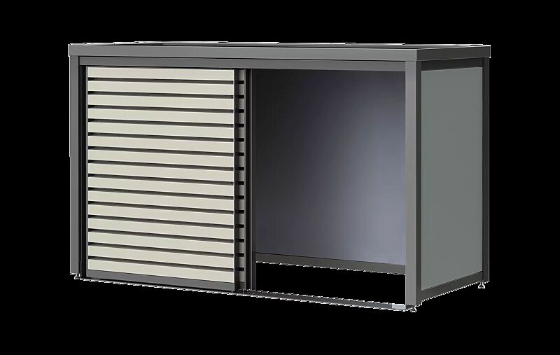 Universaldepot STYLEOUT® LINIS STORE, Aluminiumkonstruktion in RAL 7016 anthrazitgrau, Wandelemente in RAL 7035 lichtgrau, Türlamellen in RAL 9001 cremeweiß