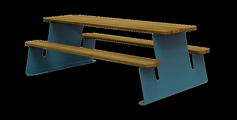 Bank-Tisch-Kombination WAVER mit thermisch modifizierter Kiefernholzbelattung, Stahlteile in RAL 5021 wasserblau