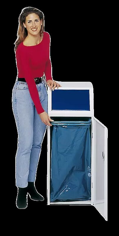 Wertstoffsammler LIVERPOOL mit Klemmring, Korpus in  RAL 9016 verkehrsweiß, Einwurfklappe in RAL 5010 enzianblau