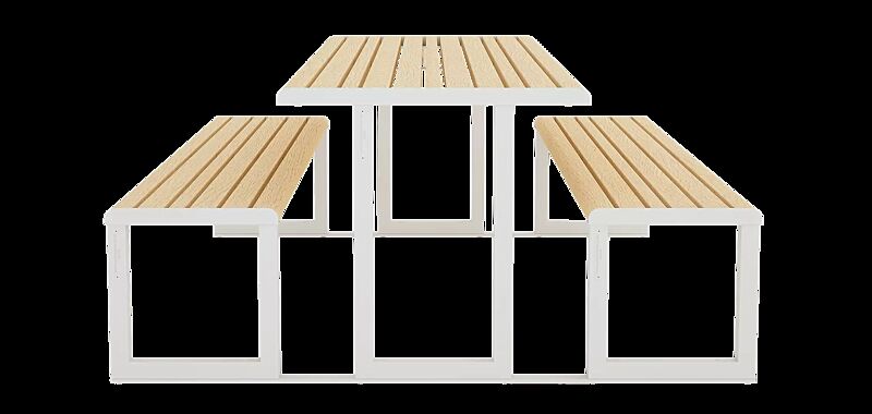 Bank-Tisch-Kombination MANTUA ohne Rückenlehne, Aluminiumprofile in Holzoptik, Stahlteile in RAL 9003 signalweiß