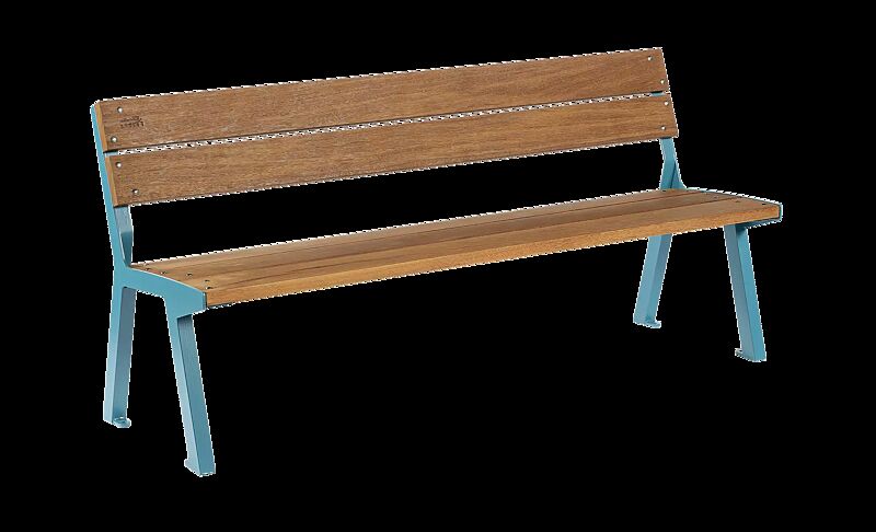 Sitzbank NOALE mit Rückenlehne, mit Hartholzbelattung, Stahlteile in RAL 5021 wasserblau