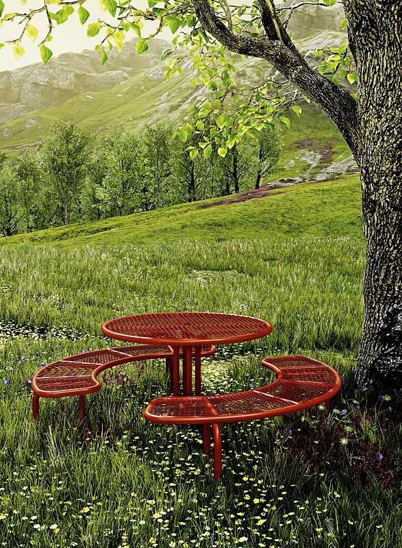 Bank-Tisch-Kombination PAVIA, rund, in RAL 2001 rotorange