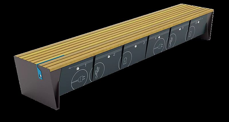 Sitzbank EBLOCQ mit Robinienholzbelattung, mit Zylinderschloss, Stahteile in RAL 9011 graphitschwarz, Türen in RAL 7043 verkehrsgrau