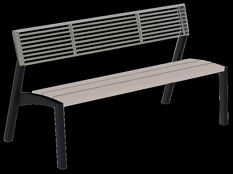 Sitzbank VERA mit Rückenlehne aus Rundstahl, Sitzfläche mit Resysta®-Belattung, lasiert in natur, Stahlteile in RAL 7016 anthrazitgrau