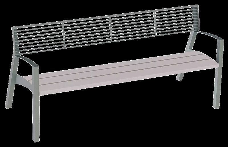 Sitzbank VERA mit Rückenlehne aus Rundstahl und Armlehnen, Sitzfläche mit Resysta®-Belattung, lasiert in natur, Stahlteile in 9007 graualuminium