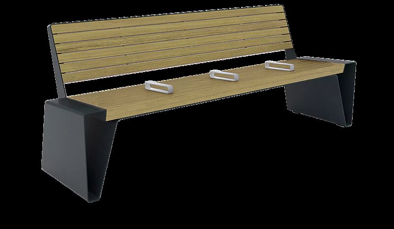 Sitzbank RADIUM mit Rückenlehne, Sitzfläche mit Edelstahlstreben unterteilt, mit Robinienholzbelattung, Stahlteile in RAL 7016 anthrazitgrau