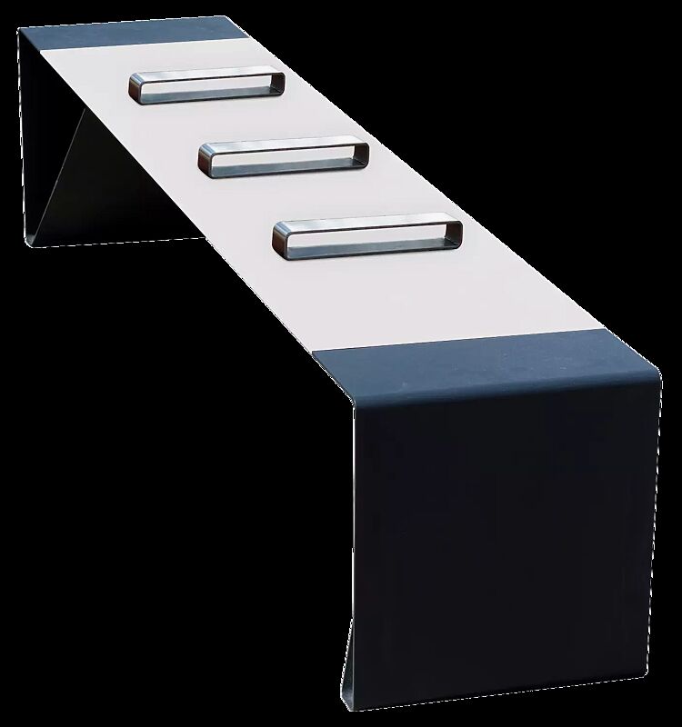 Sitzbank RADIUM ohne Rückenlehne, Sitzfläche mit Edelstahlstreben unterteilt, mit weißer HPL-Auflage, Stahlteile in RAL 7016 anthrazitgrau