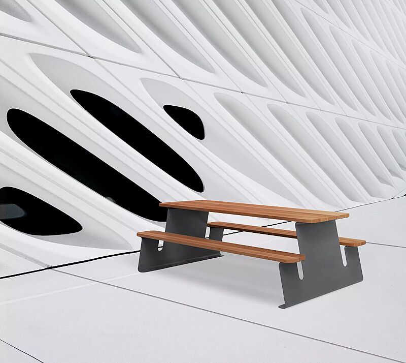 Bank-Tisch-Kombination WAVER mit Hartholzbelattung, Stahlteile in DB 703 eisenglimmer