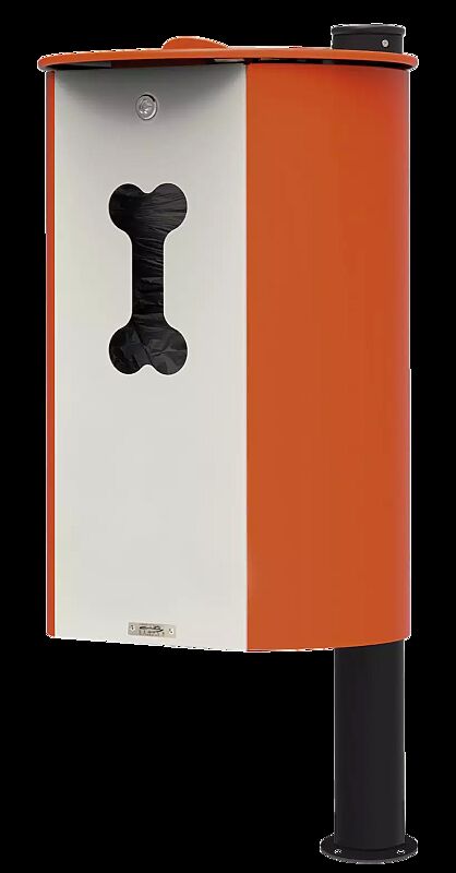 Hundetoilette MIANE DOG zum Aufdübeln, Korpus in RAL 2004 reinorange und RAL 1013 perlweiß, Pfosten in RAL 9005 tiefschwarz