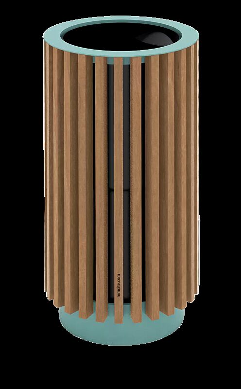 Abfallbehälter QUINBIN, rund, Korpus: Resysta®-Belattung lasiert in pale golden, Stahlteile in RAL 6027 lichtgrün