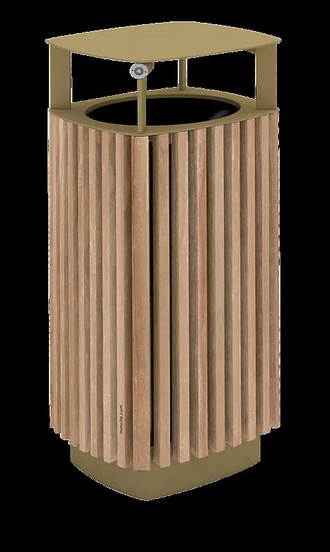 Abfallbehälter QUINBIN, quadratisch abgerundet, mit Schutzdach, Korpus: Jatobaholzbelattung, Stahlteile in RAL 8024 beigebraun