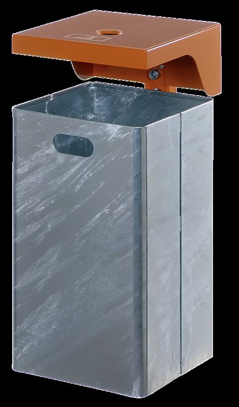 Abfallbehälter FORTE, 50 Liter, mit Schutzdach und Ascher in RAL 2000 gelborange, Behälter feuerverzinkt