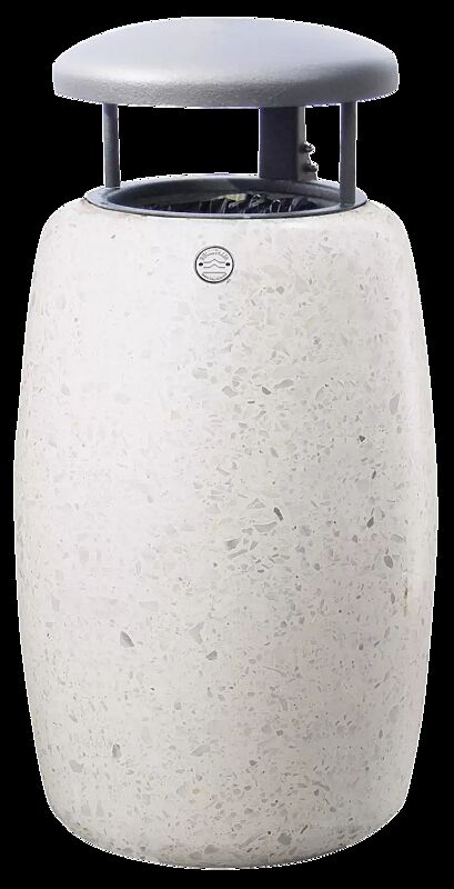 Abfallbehälter PEGASO aus Beton geschliffen, mit Stahl-Schutzdach in Sonderfarbe RAL 9007 graualuminium (auf Anfrage), in Granitoptik weiß