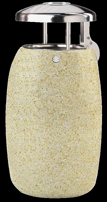 Abfallbehälter PEGASO aus rekonstituiertem Marmor gestockt, mit Edelstahl-Schutzdach und Ascher, in gelb mori