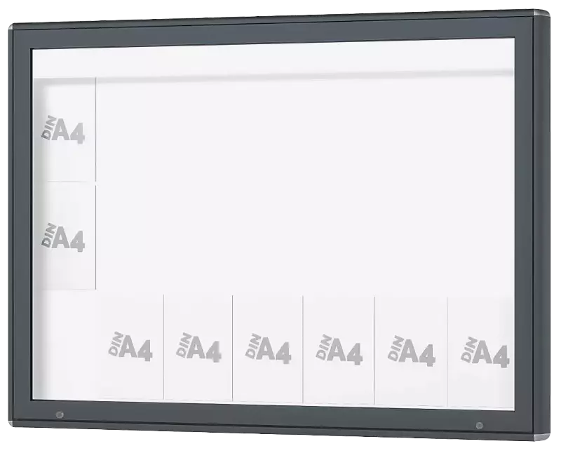 Schaukasten DERINEA zur Wandbefestigung, Ecken gerundet, Bautiefe 80 mm, für 21 x DIN A4, in RAL 7011 eisengrau