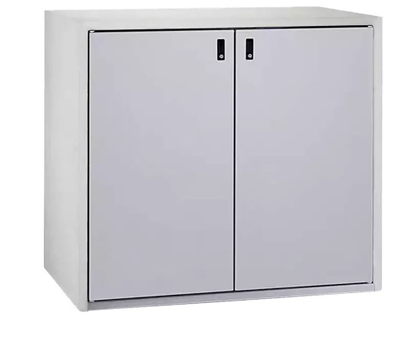 Müllbehälter-Doppelschrank SWANLEY, Korpus Sichtbeton glatt, Türen in RAL 9006 weißaluminium