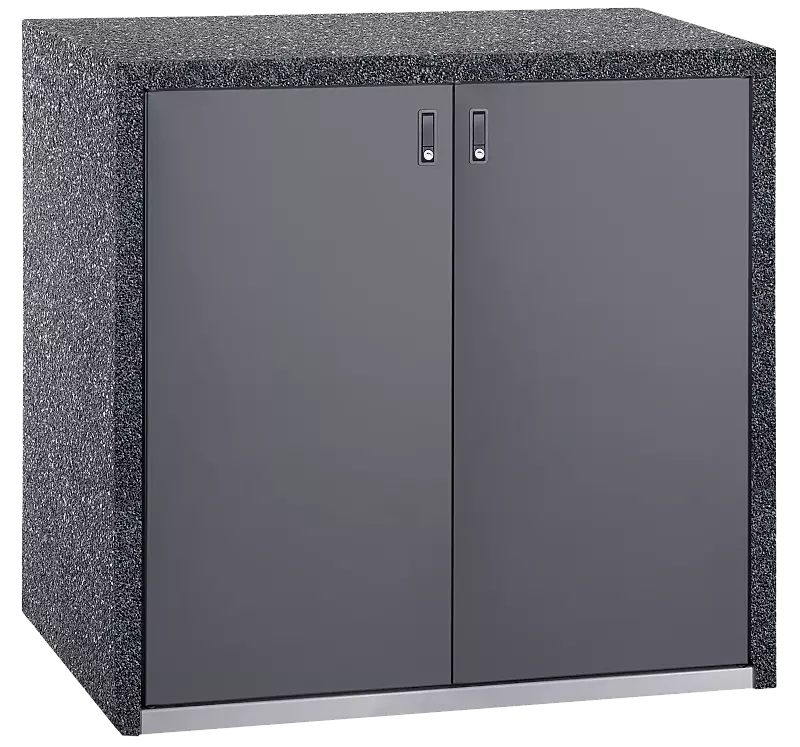 Müllbehälter-Doppelschrank SWANLEY, Korpus Sichtbeton gewaschen in perlmutt schwarz, Türen in RAL 7011 eisengrau