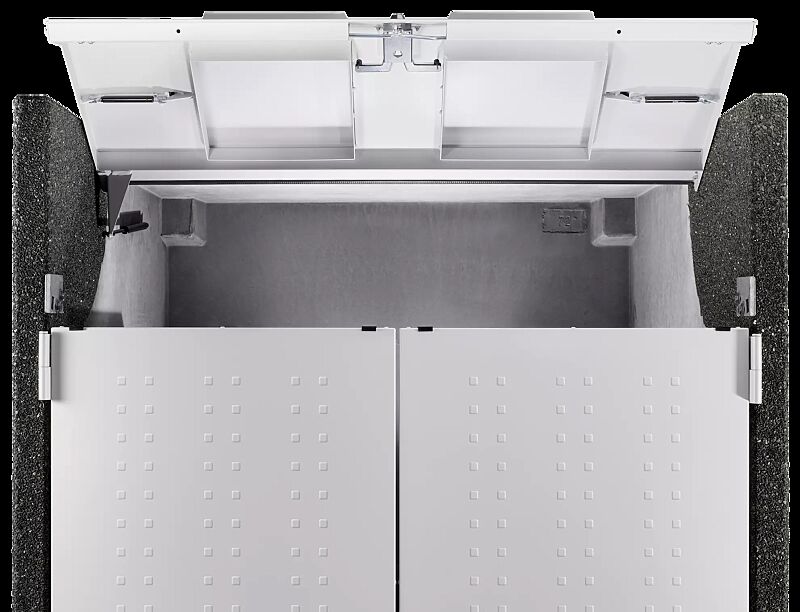 Detail: Innenansicht Entnahmeklappe mit Einwurfdeckel und Teleskopdämpfer