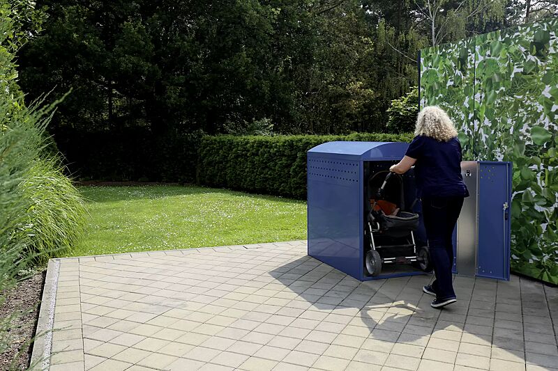 Kinderwagenbox LEXINGTON NEW, Grundeinheit mit Bogendach, Türanschlag DIN rechts, Stahlkonstruktion in RAL 5000 violettblau