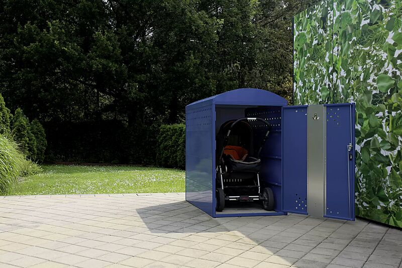 Kinderwagenbox LEXINGTON NEW, Grundeinheit mit Bogendach, Türanschlag DIN rechts, Rahmen, Stahlkonstruktion in RAL 5000 violettblau