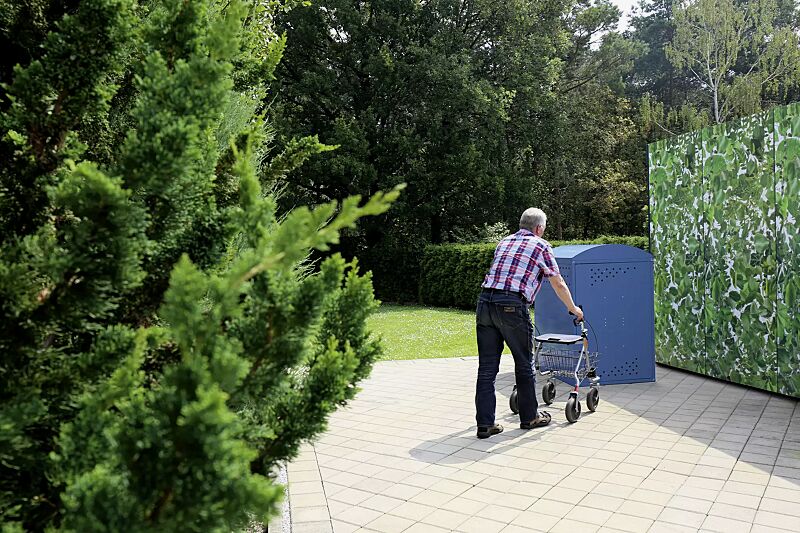 Rollatorgarage LEXINGTON NEW, Grundeinheit mit Bogendach, Türanschlag DIN rechts, Stahlkonstruktion in RAL 5000 violettblau