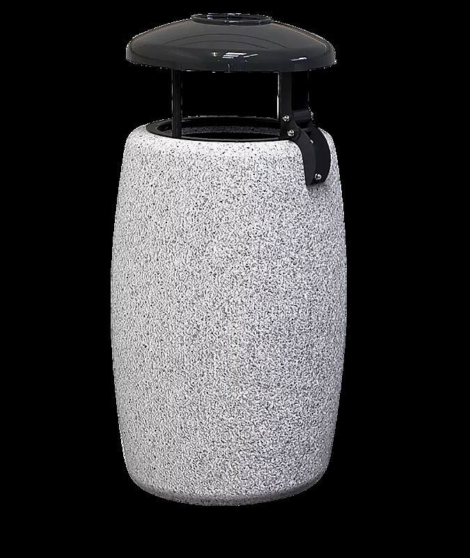 Abfallbehälter ORIONE aus Beton, in Granitoptik weiß, mit Stahl-Schutzdach und Ascher in RAL 7021 schwarzgrau