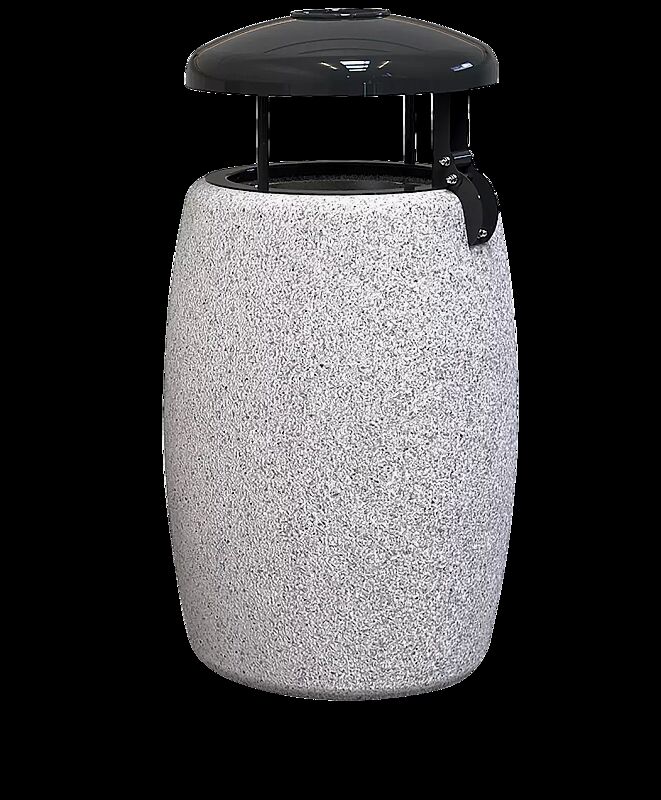 Abfallbehälter PEGASO aus Beton gestockt, in Granitoptik weiß, mit Stahl-Schutzdach und Ascher in RAL 7021 schwarzgrau