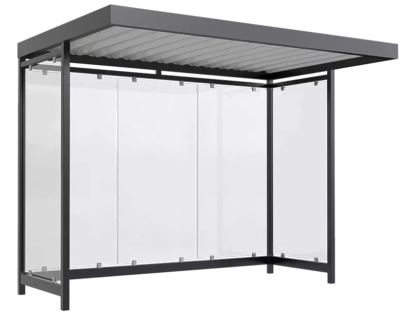 Wartehalle LEONIS, Dachbreite x Dachtiefe 3180 mm x 2165 mm, zum Aufdübeln bei -200 mm, mit Rück- / Seitenwänden, Stahlkonstruktion in RAL 7016 anthrazitgrau