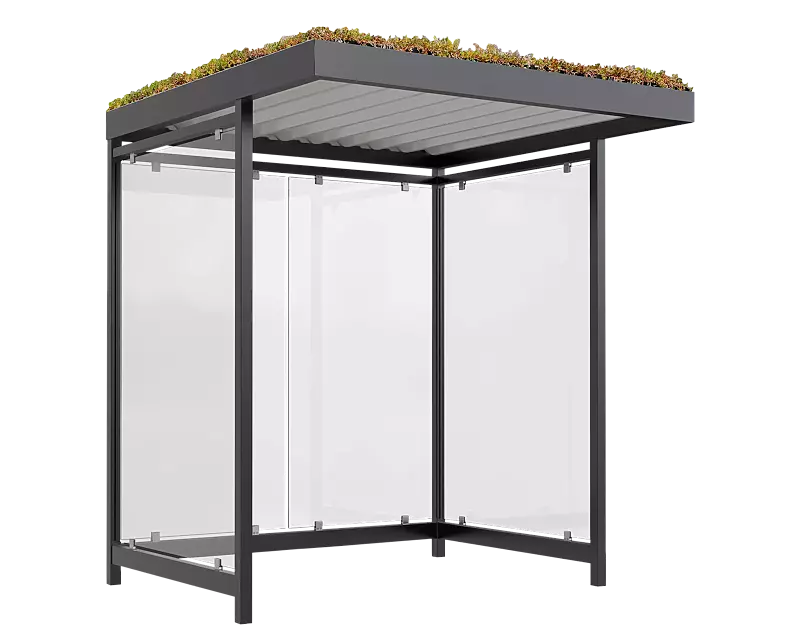 Wartehalle LEONIS GREEN, Dachbreite x Dachtiefe 2165 mm x 2165 mm, zum Aufdübeln bei -200 mm, mit Rück- / Seitenwänden, Stahlkonstruktion in RAL 7016 anthrazitgrau