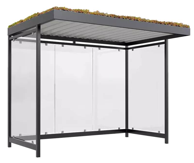 Wartehalle LEONIS GREEN, Dachbreite x Dachtiefe 3180 mm x 2165 mm, zum Aufdübeln bei -200 mm, mit Rück- / Seitenwänden, Stahlkonstruktion in RAL 7016 anthrazitgrau