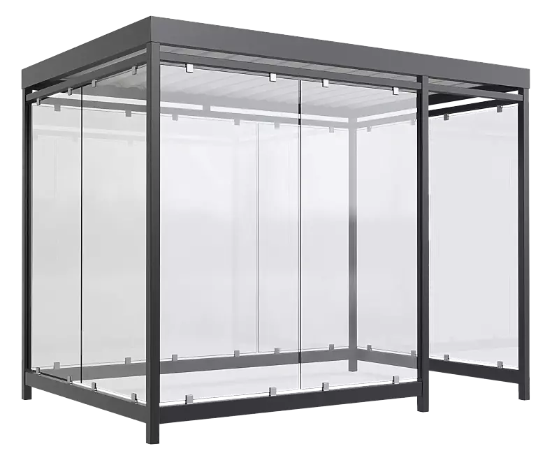 Raucherunterstand AQUILA, Dachbreite x Dachtiefe 3180 mm x 2165 mm, zum Aufdübeln bei -200 mm, mit Rück-, Seiten- / 2 Windschutzwänden links, Stahlkonstruktion in RAL 7016 anthrazitgrau