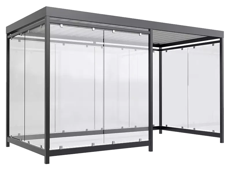 Raucherunterstand AQUILA, Dachbreite x Dachtiefe 4195 mm x 2165 mm, zum Aufdübeln bei -200 mm, mit Rück-, Seiten- / 2 Windschutzwänden links, Stahlkonstruktion in RAL 7016 anthrazitgrau