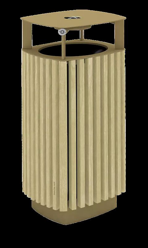 Abfallbehälter QUINBIN, quadratisch abgerundet, mit Schutzdach und Ascher, Korpus: Robinienholzbelattung, Stahlteile in RAL 8024 beigebraun