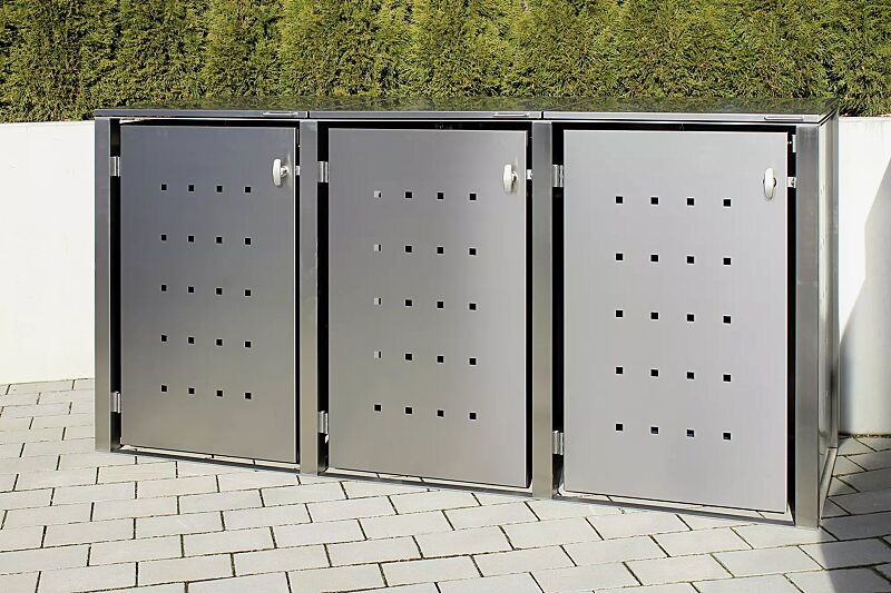 Müllbehälter-Dreifachschrank CHEYENNE, mit Klappdach, komplett aus Edelstahl
