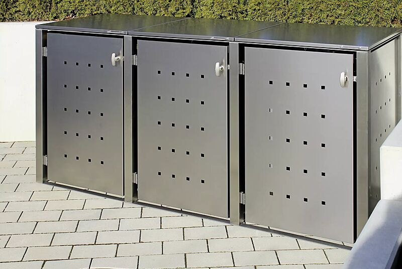Müllbehälter-Dreifachschrank CHEYENNE, mit Klappdach, komplett aus Edelstahl