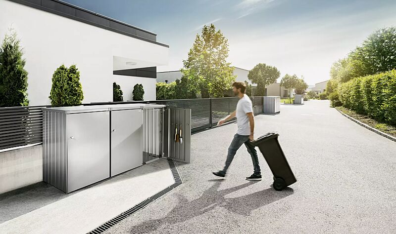 Müllbehälter-Dreifachschrank ALEX®, bestehend aus 3 Einzelschränken inkl. 2 Verbindungselementen, in silber-metallic