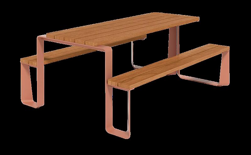 Bank-Tisch-Kombination RAUTSTER, einseitig barrierefrei, mit Jatobaholzbelattung, Stahlteile in RAL 3015 hellrosa
