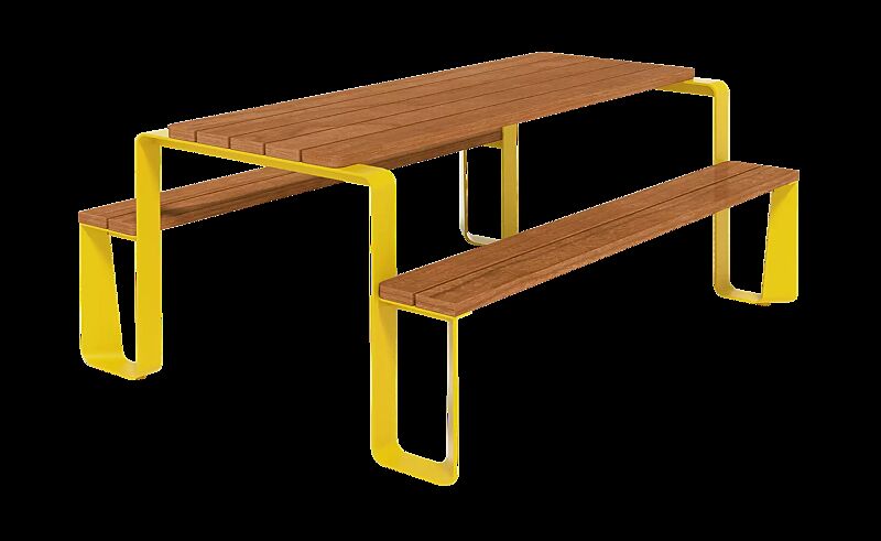 Bank-Tisch-Kombination RAUTSTER, beidseitig barrierefrei, mit Jatobaholzbelattung, Stahlteile in RAL 1021 rapsgelb