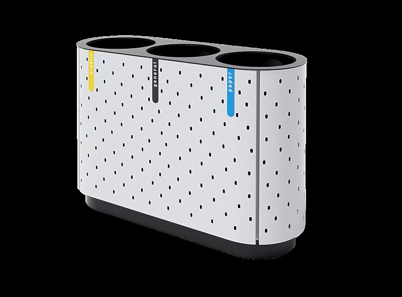 Abfallbehälter QUINBIN TRIO, ohne Schutzdach, Korpus: gestanztes Stahlblech, Stahlteile in RAL 7035 lichtgrau und RAL 7043 verkehrsgrau