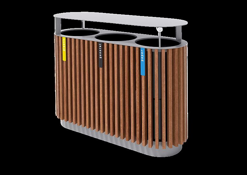 Abfallbehälter QUINBIN TRIO mit Schutzdach, Korpus: Jatobaholzbelattung, Stahlteile in RAL 7035 lichtgrau