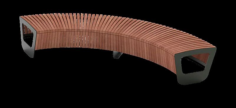 Sitzbank LANDSCAPE COMPACT ohne Rückenlehne, doppelseitig, gebogen, mit Jatobaholzbelattung, Stahlteile in RAL 7043 verkehrsgrau