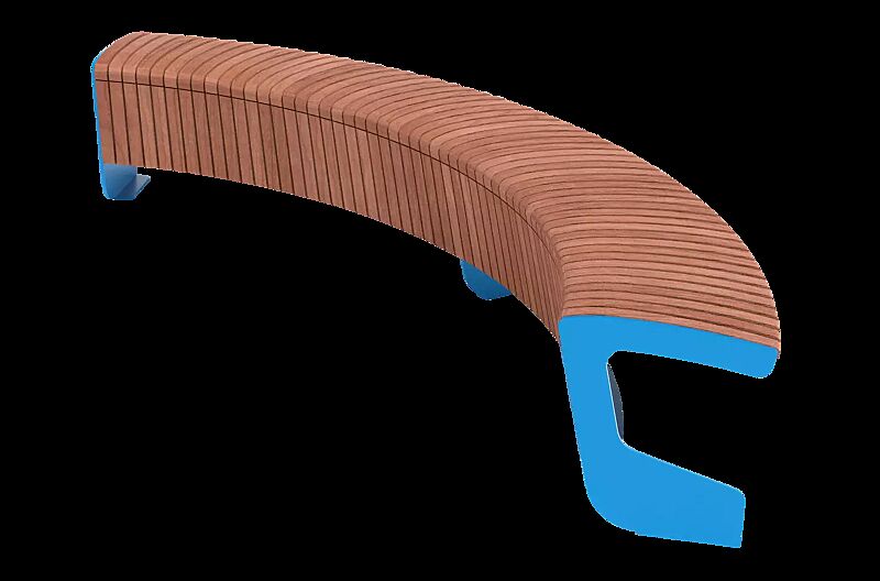 Sitzbank LANDSCAPE COMPACT ohne Rückenlehne, einseitig, gebogen, Bankform Innenradius, mit Jatobaholzbelattung, Stahlteile in RAL 5015 himmelblau